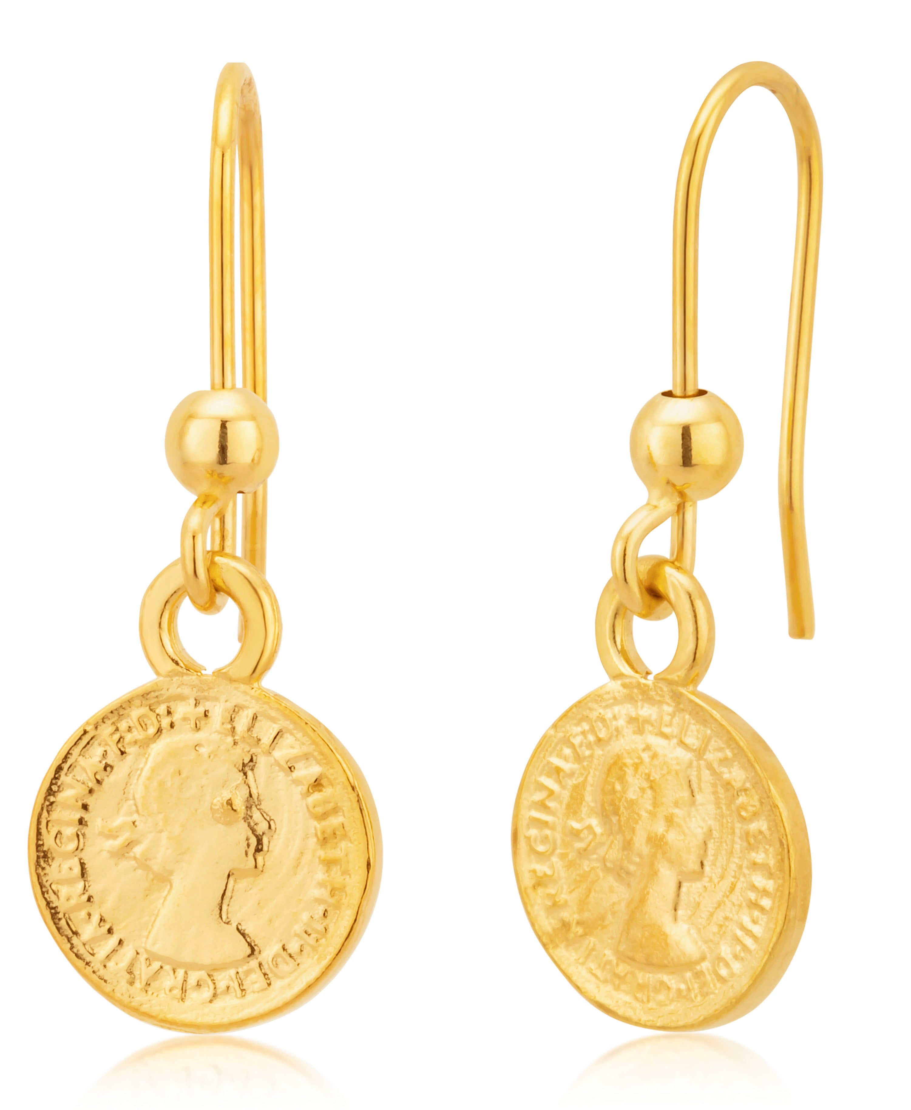 Stylish 9ct Yellow Gold Drop Hook Earrings with Sovereign Coins (9.5 mm Diameter)