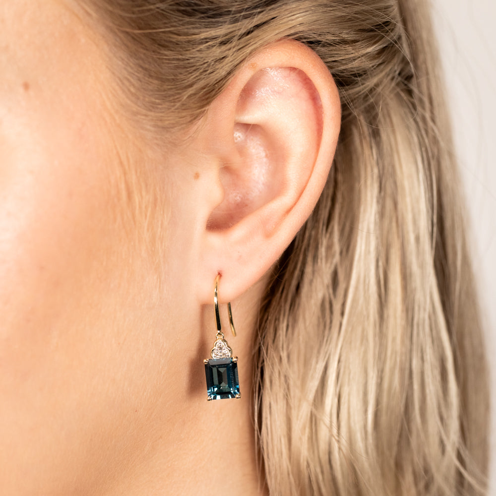 Exquisite 9ct Yellow and White Gold Earrings with 5.6ct London Blue Topaz in Emerald Cut and 1/10 Carat Diamond Drop Design