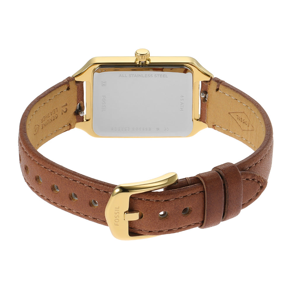 Fossil Raquel ES5303 Gold Rectangular Watch with Brown Leather Strap