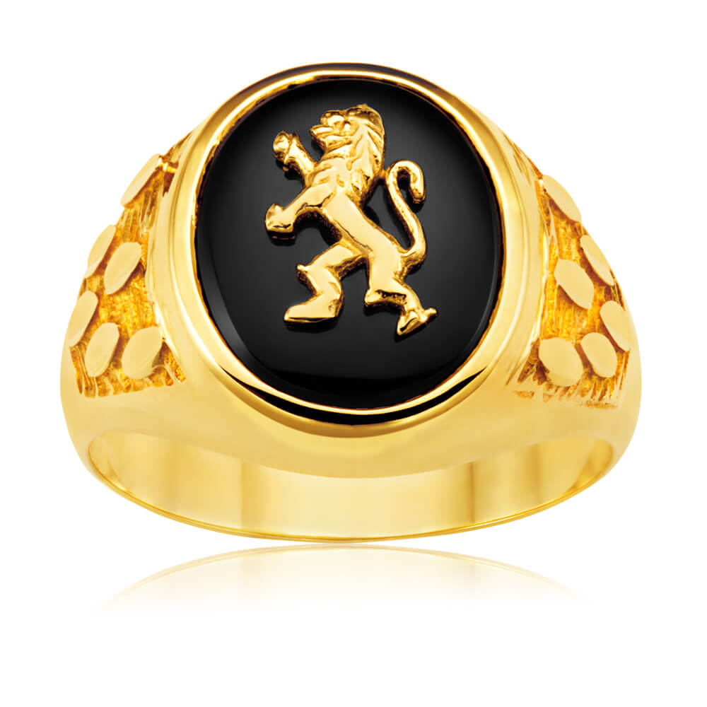 Stunning 9-Carat Yellow Gold Signet Ring with Dazzling Onyx and Lion Design