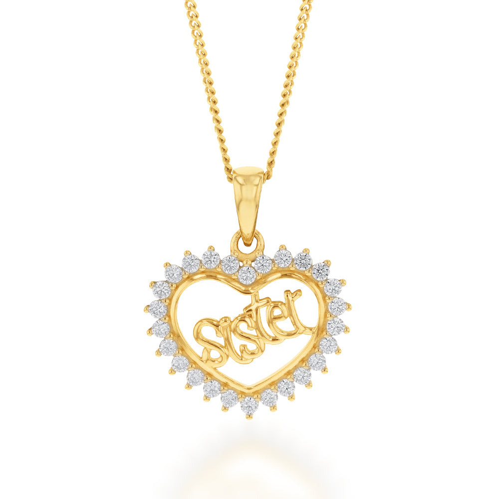 Gorgeous 9ct Yellow Gold Zirconia 'Sister' Heart-Shaped Pendant