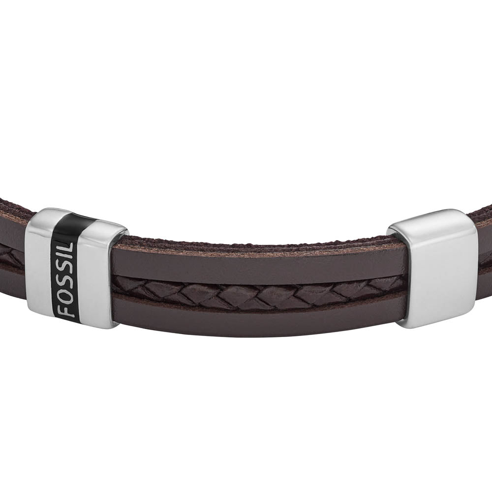 Fossil Brown Leather Strap Stainless Steel Jewelry Bracelet