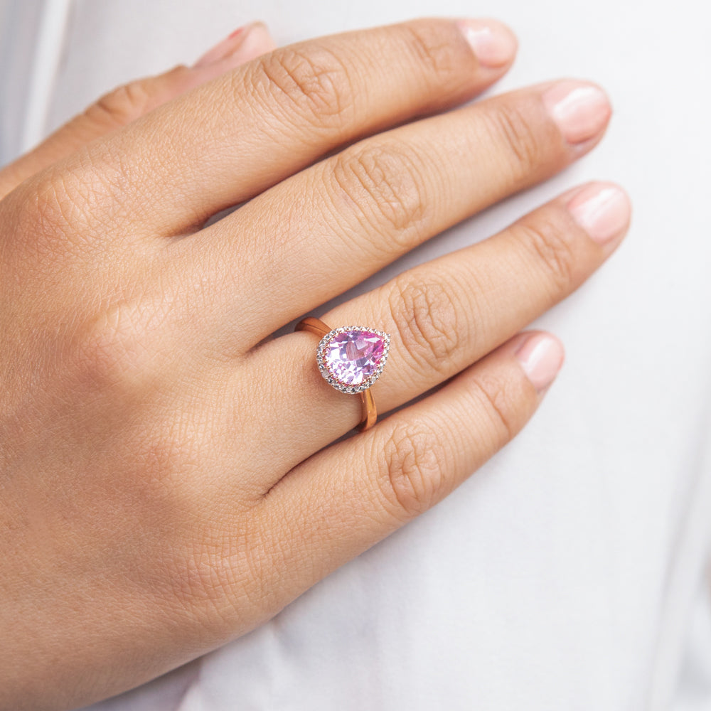Exquisite 9ct Rose Gold Ring with Created Peach Sapphire and Diamond in Pear Cut