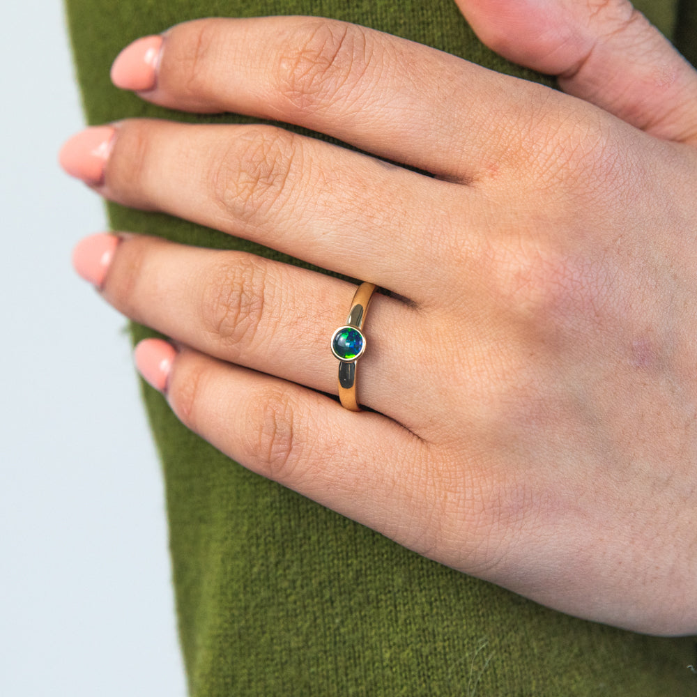 9-carat Yellow Gold Triplet Opal Round Bezel Ring with 5mm Diameter, Limited Resizing (1 - 2 Sizes Only)