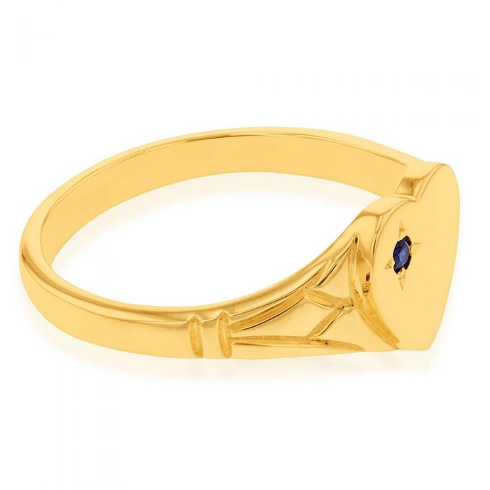 9 Carat Yellow Gold Sapphire Heart-Shaped Signet Ring for Women, Size H