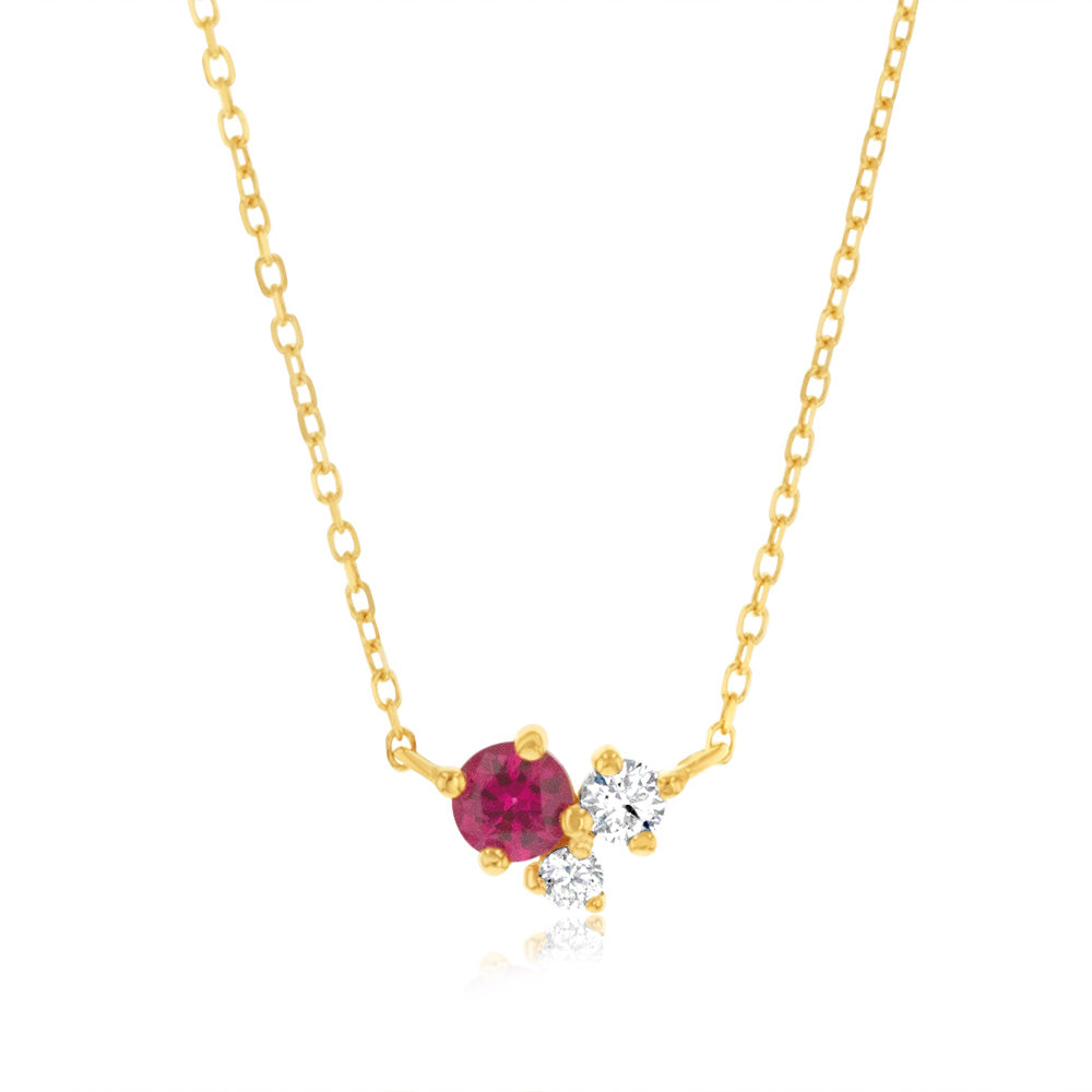 Stunning 9ct Yellow Gold Pendant with Ruby Red Gemstone and White Zirconia on a Chain, Jewelry Accessory