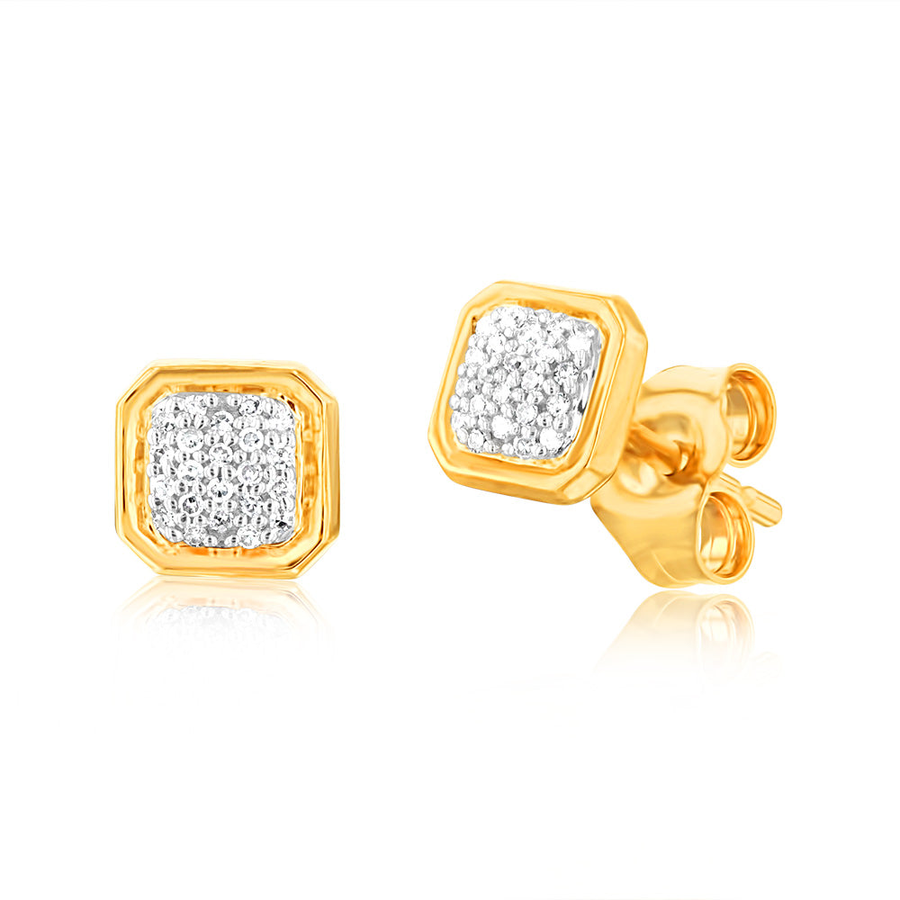 Gorgeous 9ct Yellow Gold Square - Shaped Cluster Design Stud Earrings with Diamonds