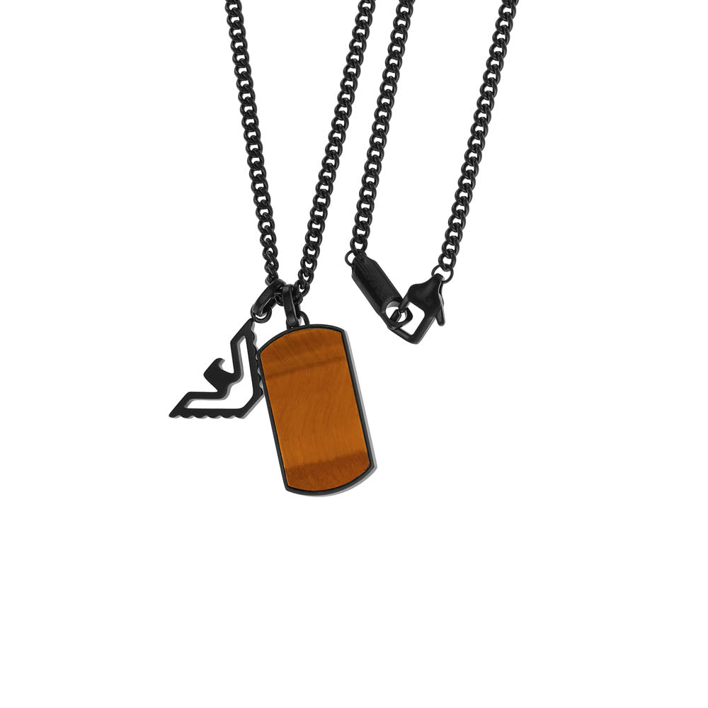 Emporio Armani Stylish Stainless Steel Pendant with Brown Tiger's Eye and Black Eagle Design on Chain