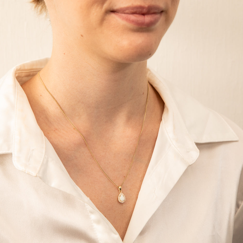 9ct Yellow Gold Teardrop-shaped Pendant with Lab-created Opal and Zirconia