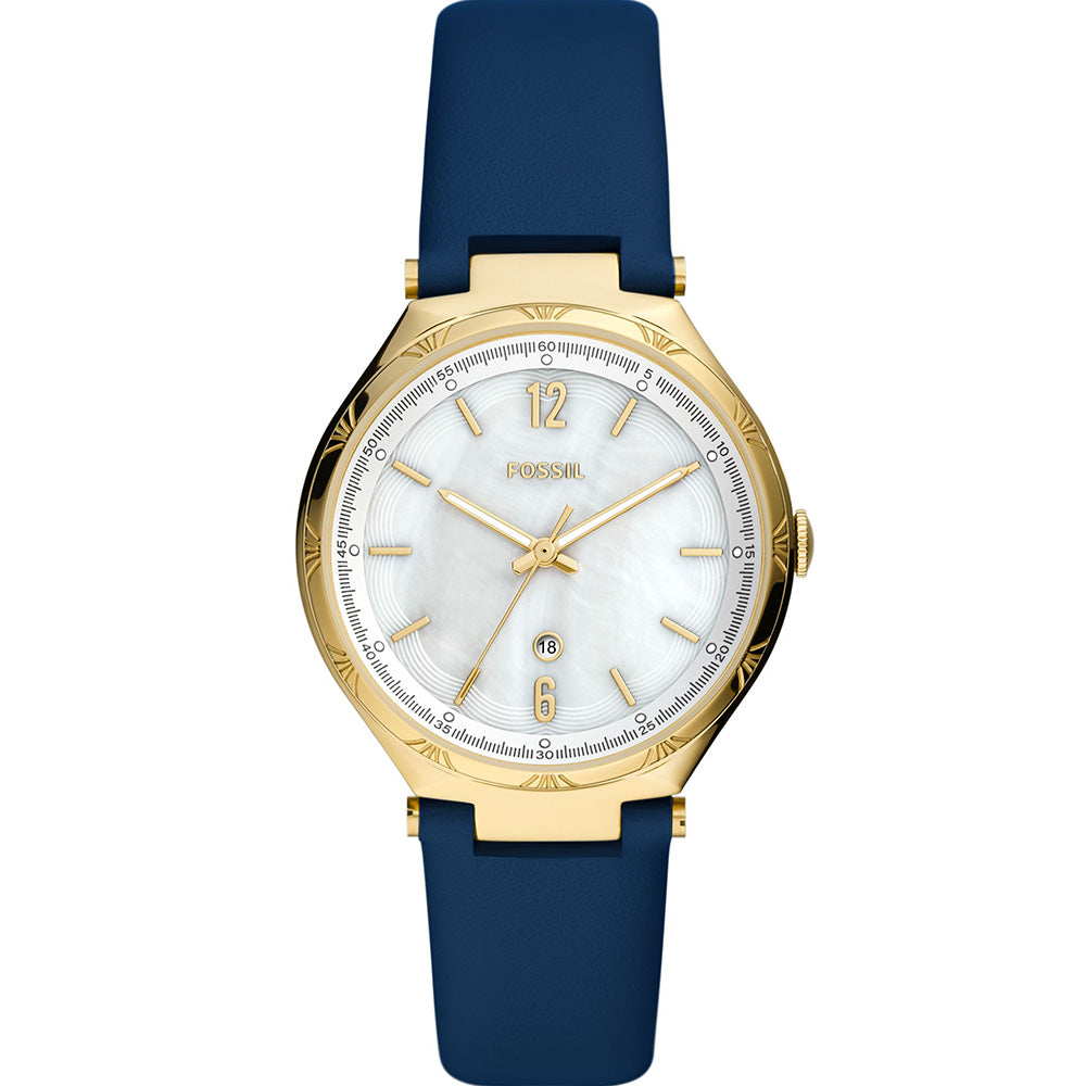 Fossil Ashtyn BQ3744 Quartz Women's Watch with Gold-Plated Stainless-Steel Case and Blue Leather Strap