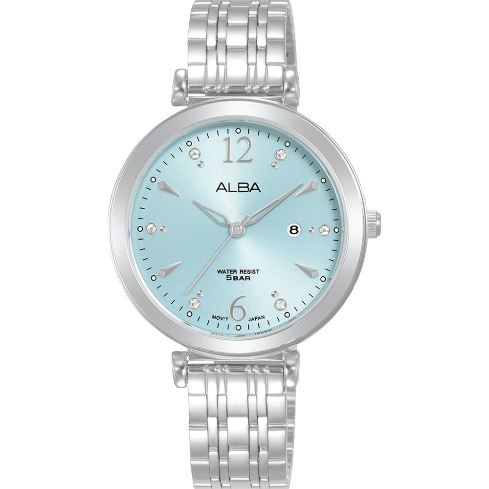 Alba Fashion AH7BW5X: 32mm Stainless Steel Watch with Pale Blue Dial and Crystals