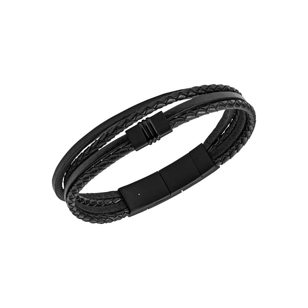 Fossil Branded Multistrand Black Leather and Stainless Steel Fashion Jewelry Bracelet