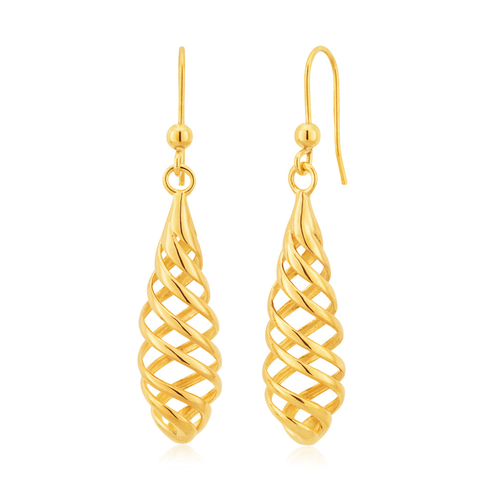 Exquisite 9ct Yellow Gold 4.5cm Spiral Drop Earrings with Matching Pendant Option