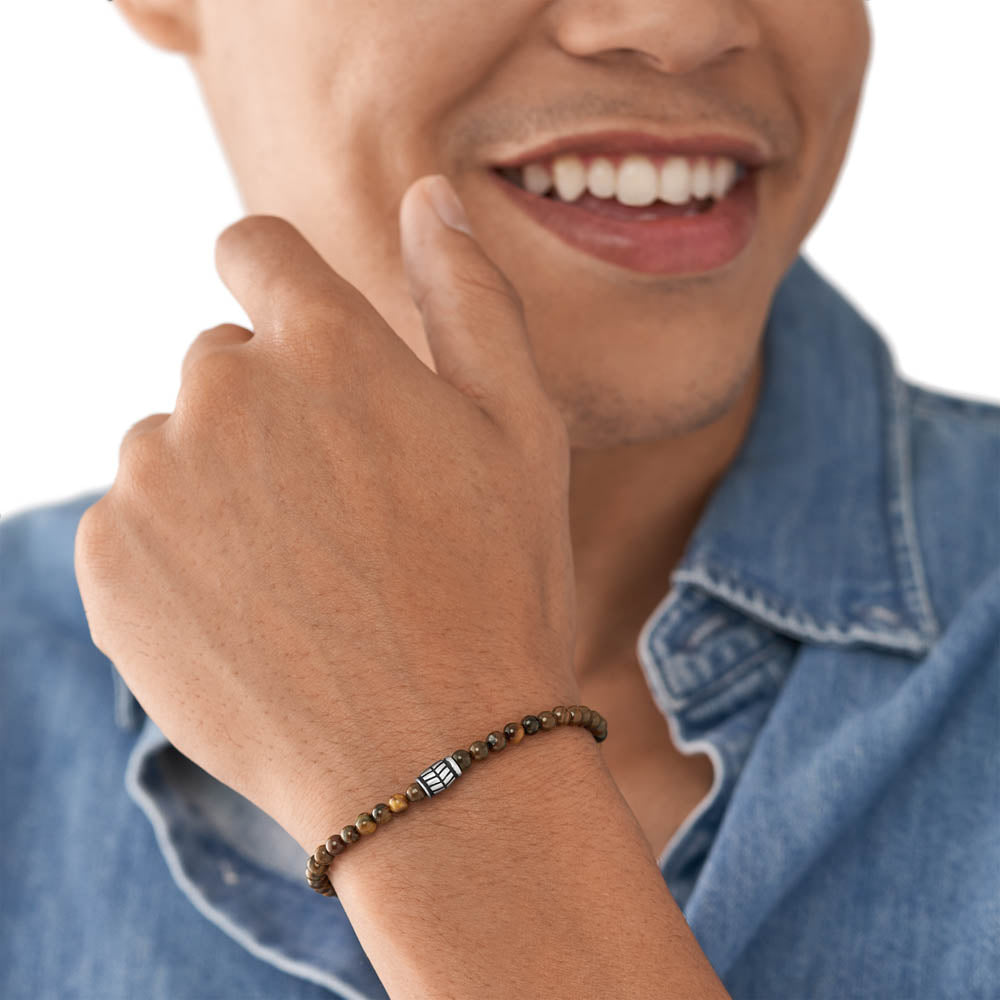 25cm Fossil Bracelet with Stainless Steel and Tiger Eye Beads