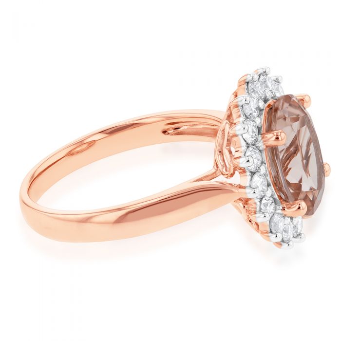 Exquisite 9ct Rose Gold Ring Featuring 2.30ct Morganite and Half - Carat Diamonds