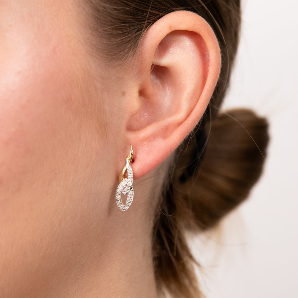 Stunning 9ct Yellow Gold Fashion Twisted Drop Earrings Adorned with 12 Diamonds