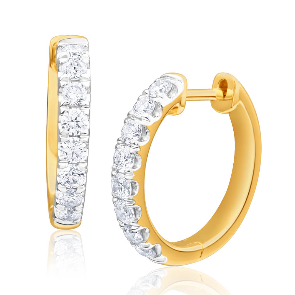 Exquisite 9ct Yellow Gold Diamond Hoop Earrings with Flawless Cut and Total Weight of 50 - 54 Points