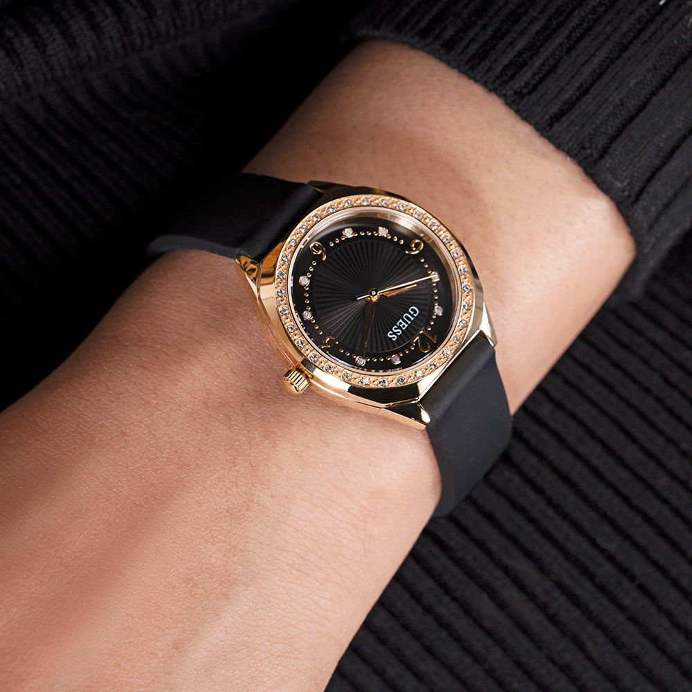 Guess Charlotte GW0820L1 Luxury Gold-Tone PVD Quartz Watch with Crystal-Embellished Bezel and Black Leather Strap