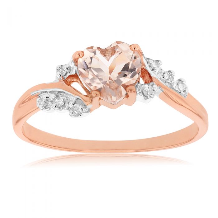Stunning 9ct Rose Gold Ring with Heart - Cut Morganite and White Diamonds