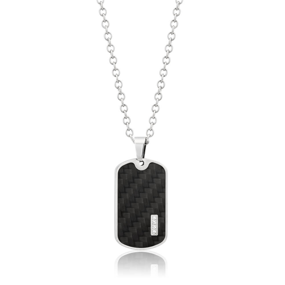 Forte High - Quality Stainless Steel Dog Tag Pendant Made of Carbon Fibre and Cubic Zirconia, Comes with a 55cm Chain