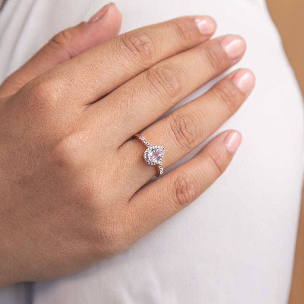 Exquisite 9ct Rose Gold Ring Featuring Created Peach Sapphire and Diamond in Pear Shape