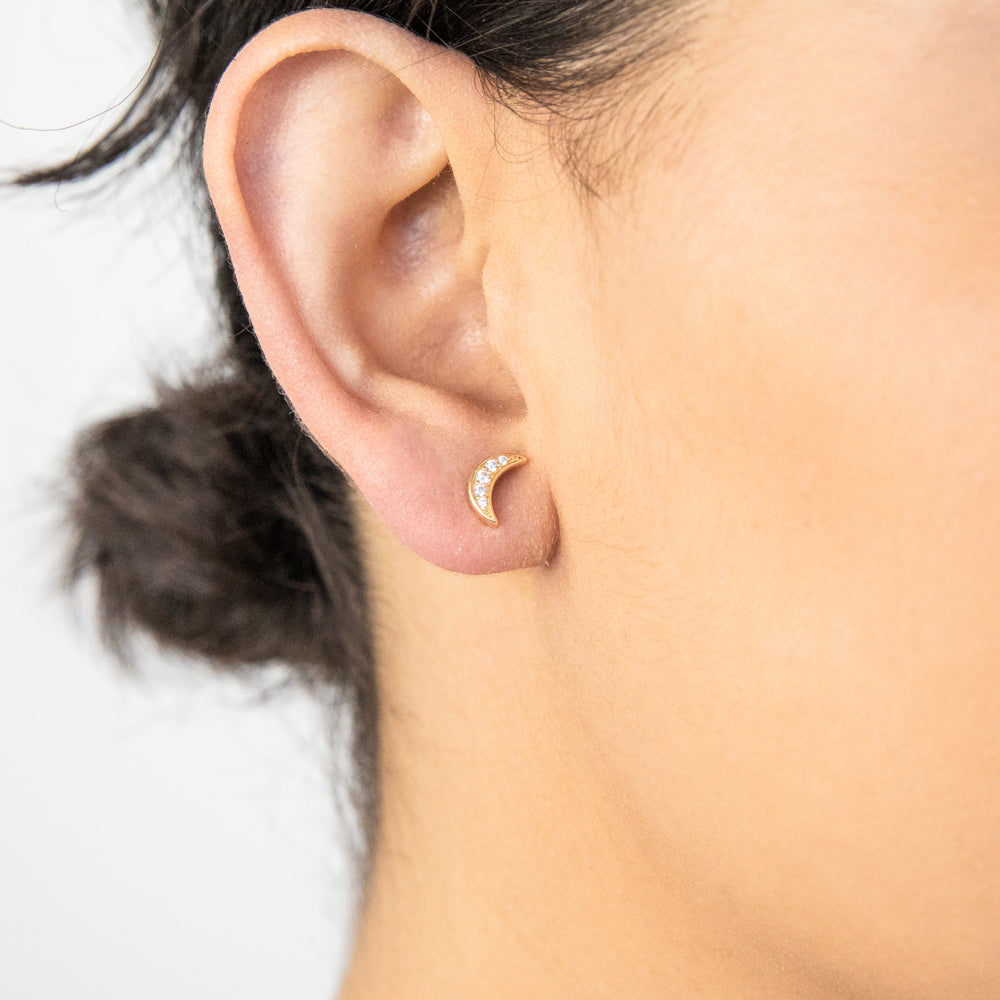 9ct Yellow Gold Fashionable Zirconia Embellished Moon and Star Stud Earrings