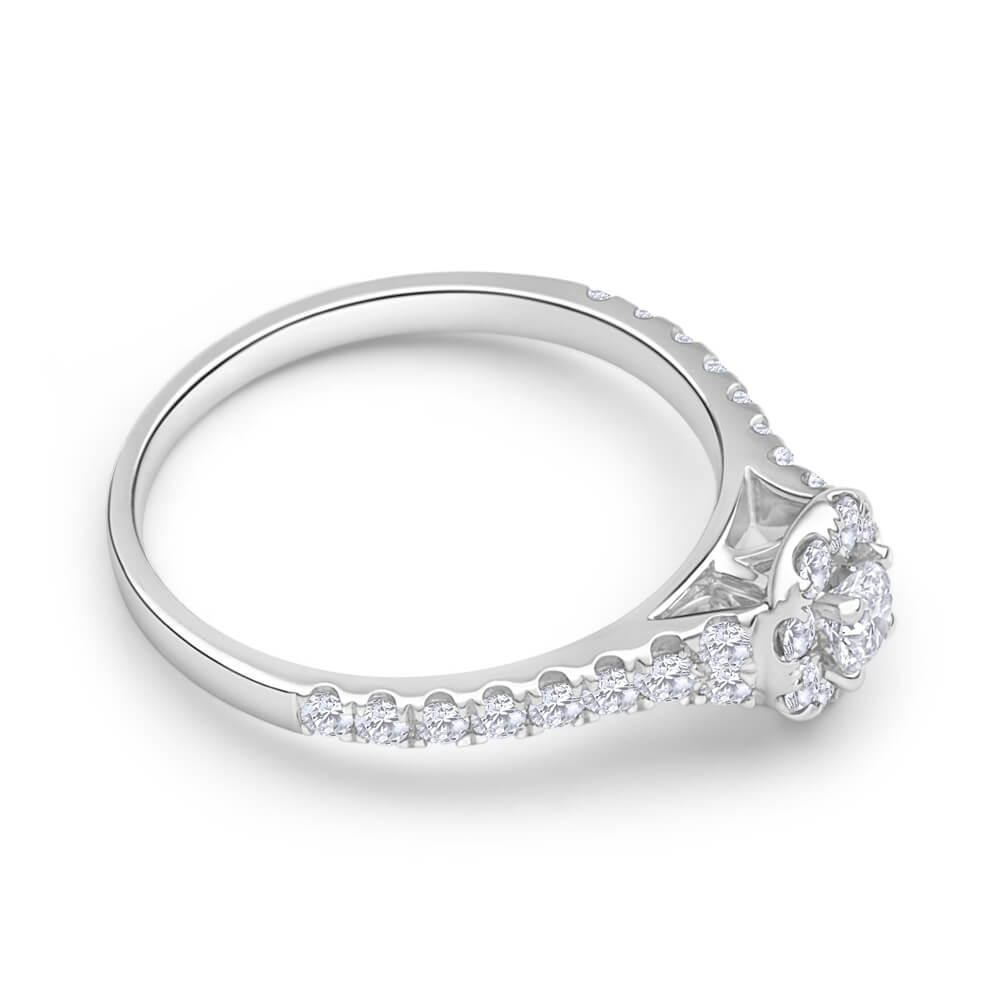 Exquisite 18ct White Gold Engagement Ring Featuring Flawless Cut Style With a Total of 0.75 Carats of Sparkling Diamonds