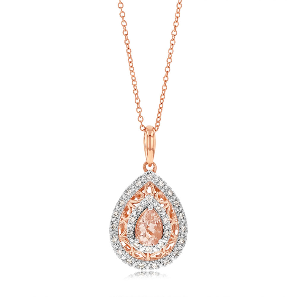 Exquisite 9ct Rose Gold Pendant with Diamonds and Oval Morganite Gemstone