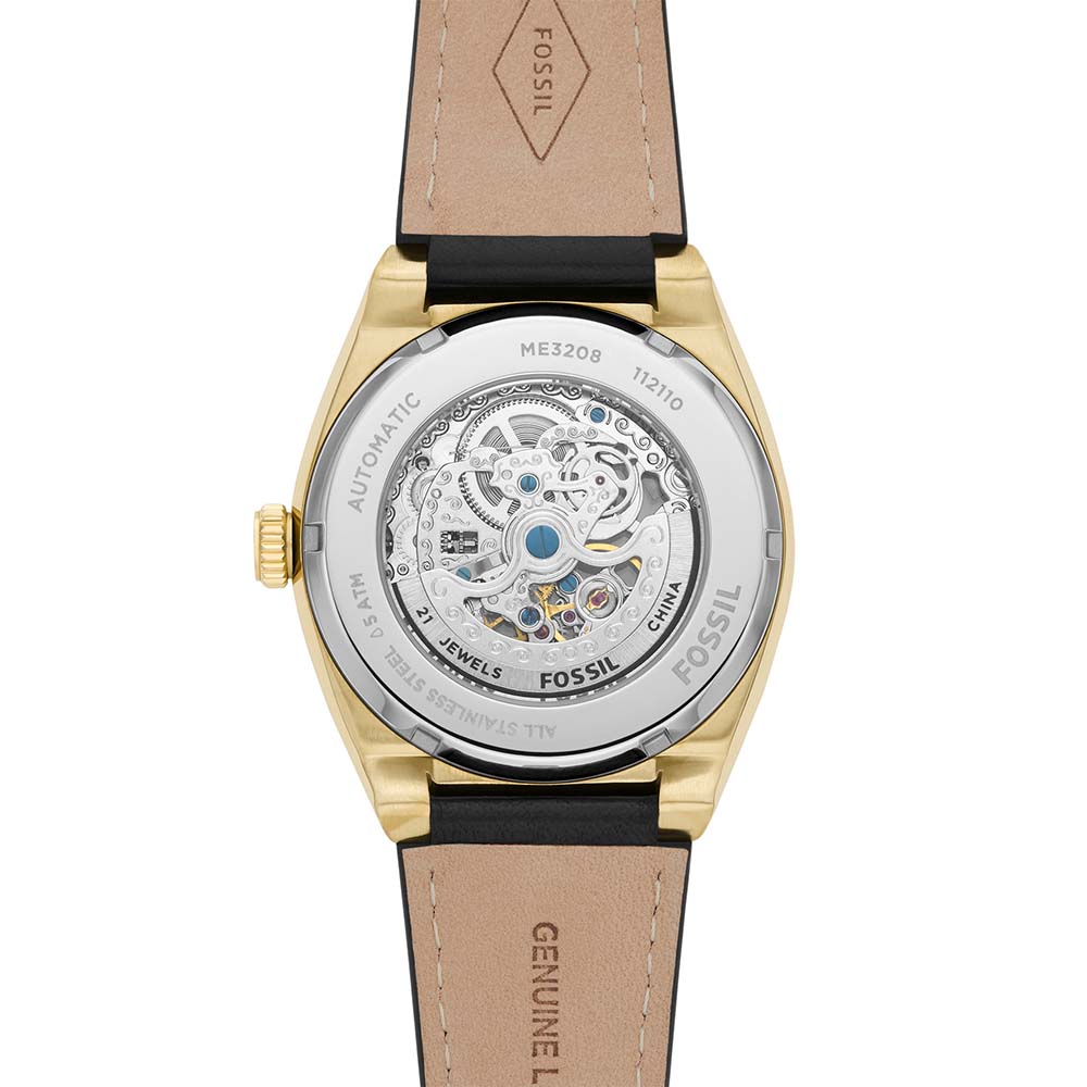 Fossil Everett ME3208 Automatic Men's Dress Watch with Gold Plated Case and Black Leather Strap