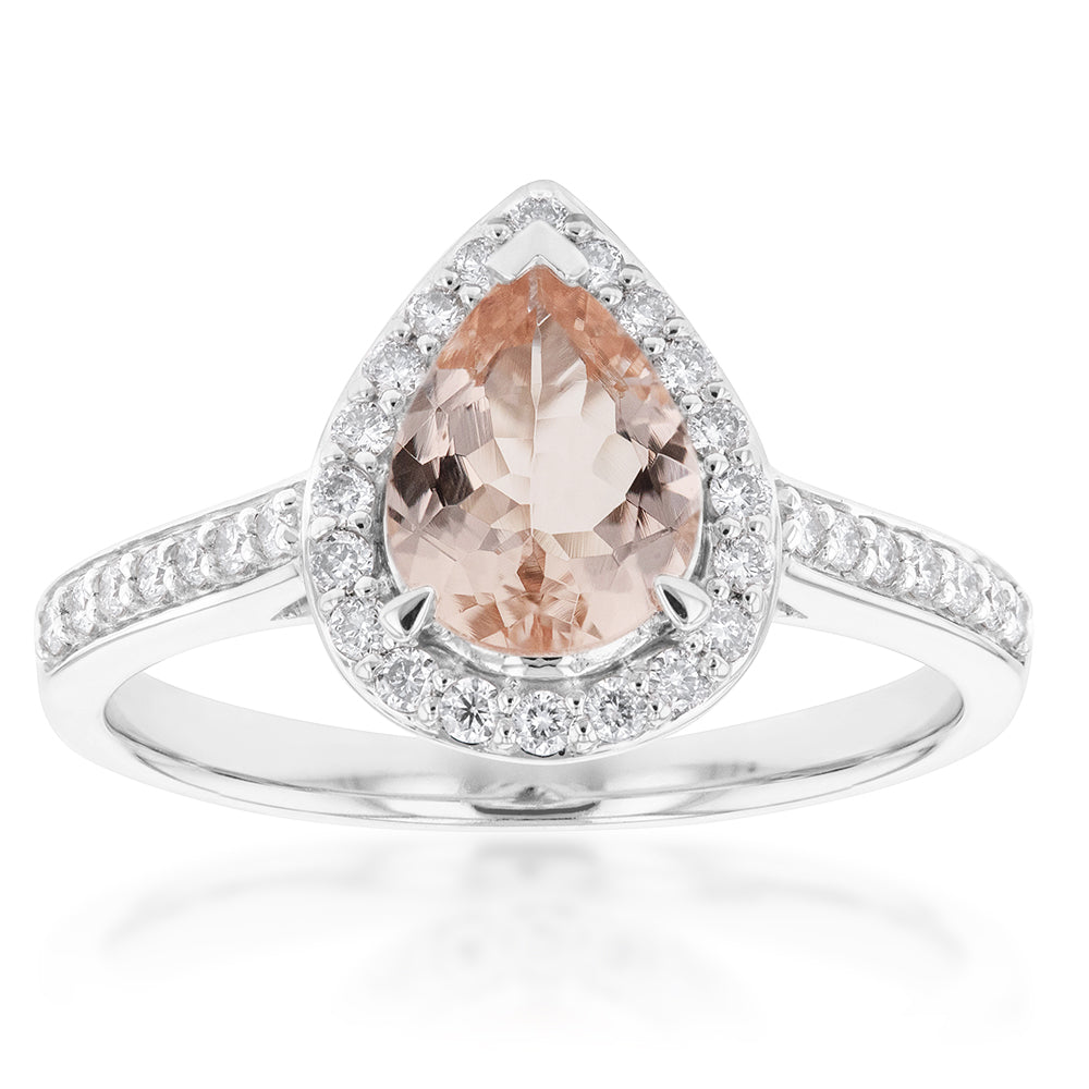 Stunning 9W White Gold Ring with 1.00ct Pear - shaped Morganite and 1/4ct Diamonds