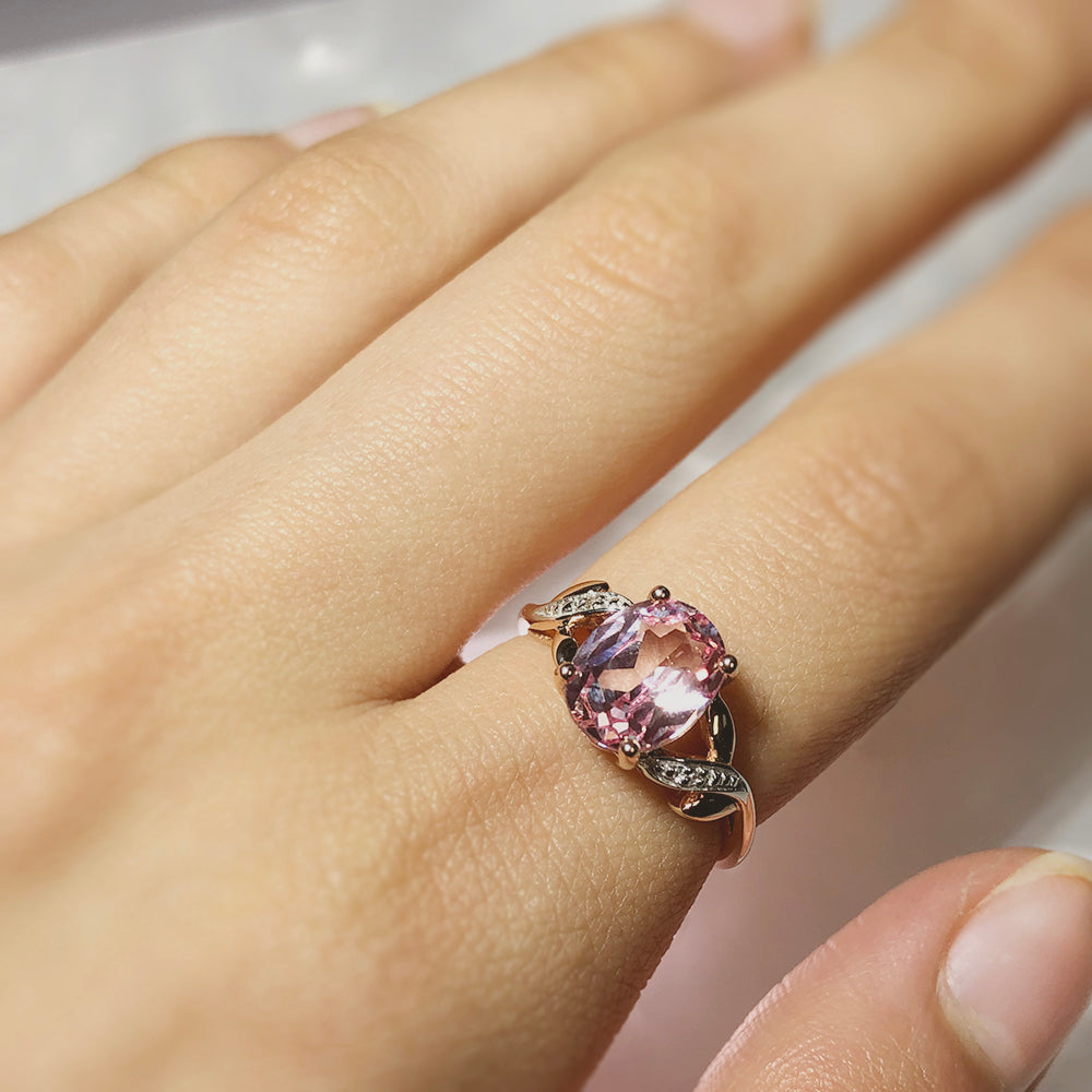 Exquisite 9ct Rose Gold Ring with Created Peach Sapphire and Diamonds