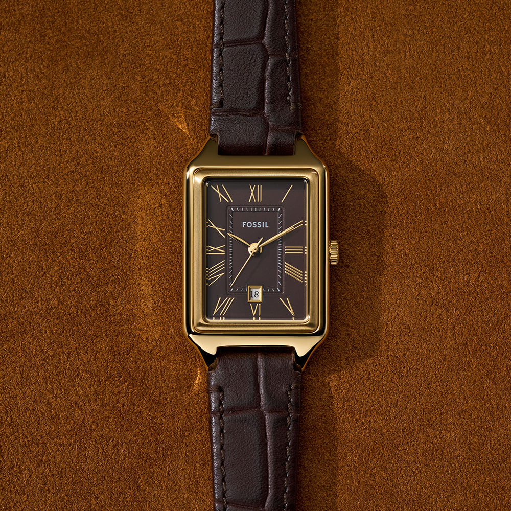 Fossil Raquel ES5367 Gold Rectangular Watch with Brown Leather Strap