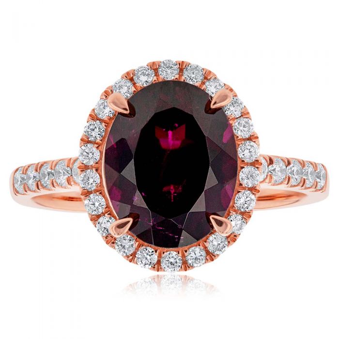 10x8mm Oval 9ct Rose Gold Ring with Rhodolite Garnet and 0.34ct Diamonds