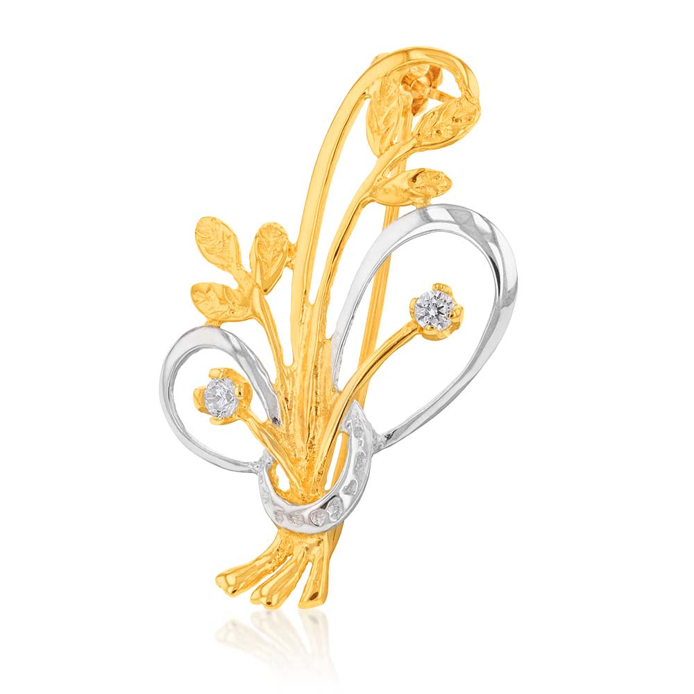 Stunning 9ct Two - Tone Zirconia Floral Bouquet Sparkling Brooch
