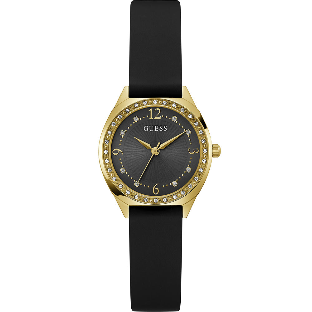 Guess Charlotte GW0820L1 Luxury Gold-Tone PVD Quartz Watch with Crystal-Embellished Bezel and Black Leather Strap