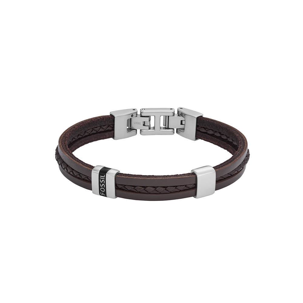 Fossil Brown Leather Strap Stainless Steel Jewelry Bracelet