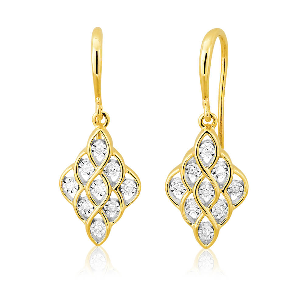 Exquisite 9ct Yellow Gold Earrings with 18 Sparkling Diamonds