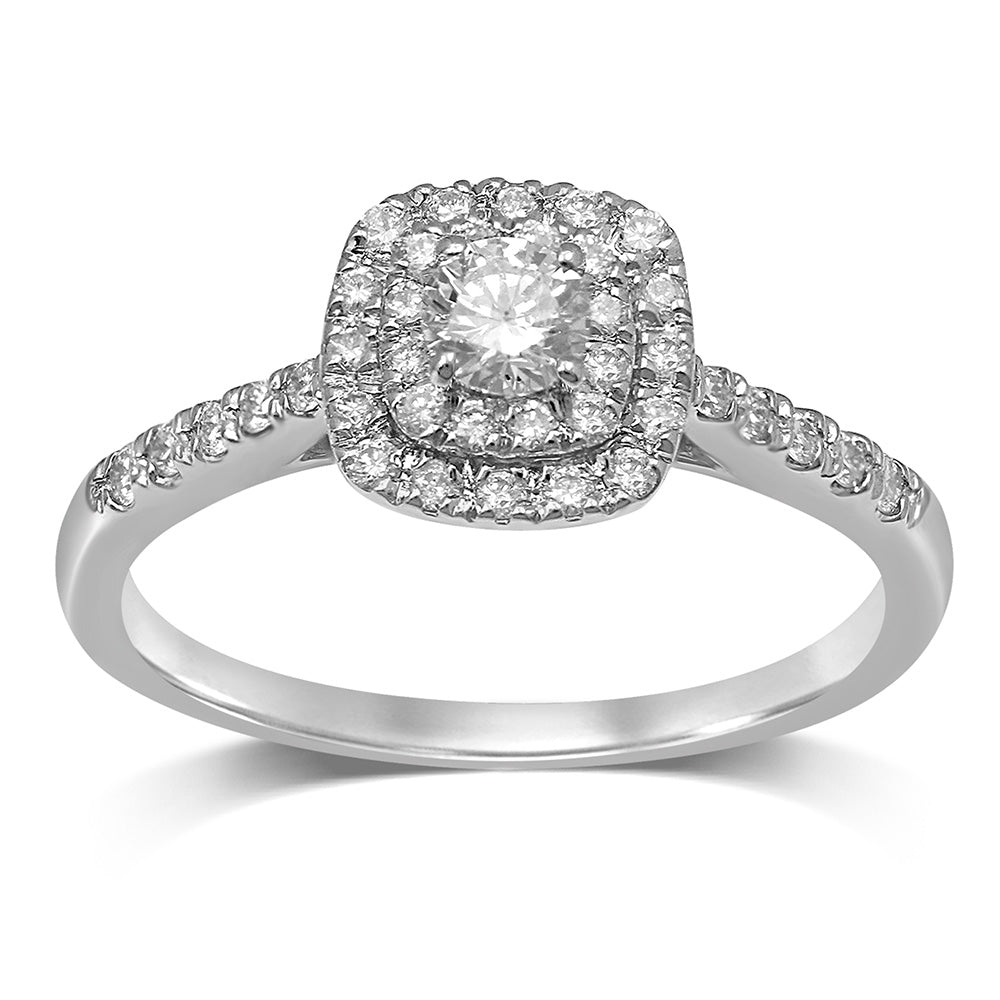 Stunning 18ct White Gold 1/2 Carat Brilliant Diamond Double Halo Cushion Ring