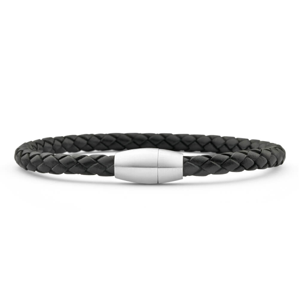 21cm Men's Forte Bracelet Crafted from Black Stainless - Steel and Plaited Leather with a Magnetic Closure