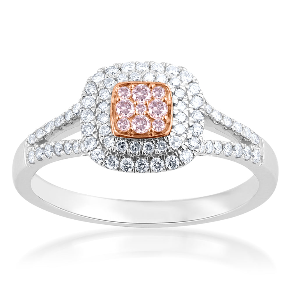 Stunning 9ct White and Rose Gold 1/2 Carat Diamond Halo Ring with Pink Argyle Diamonds