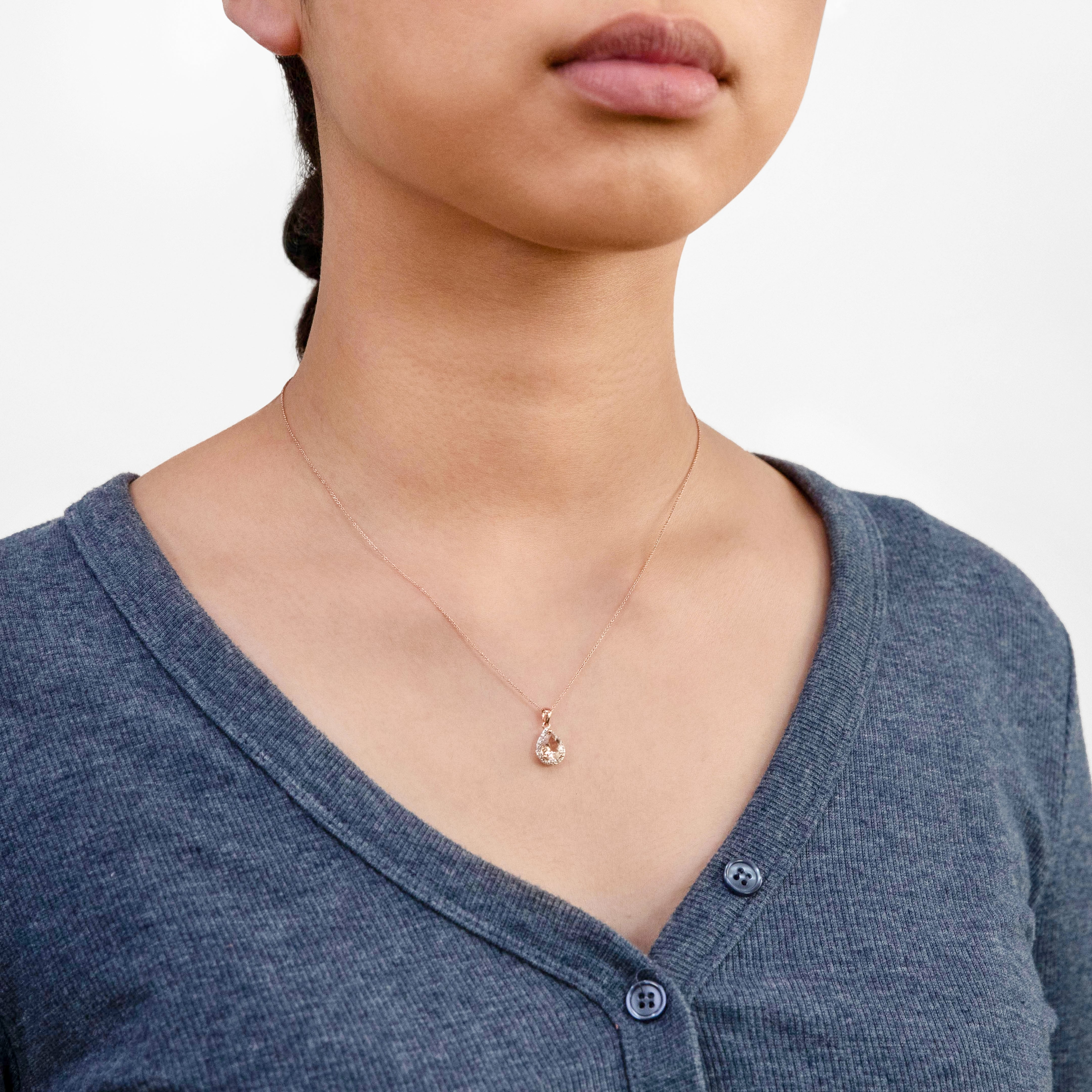 9ct Rose Gold 1.00ct Morganite 8x6mm Pear-Shaped & Diamond Pendant with 45cm Chain