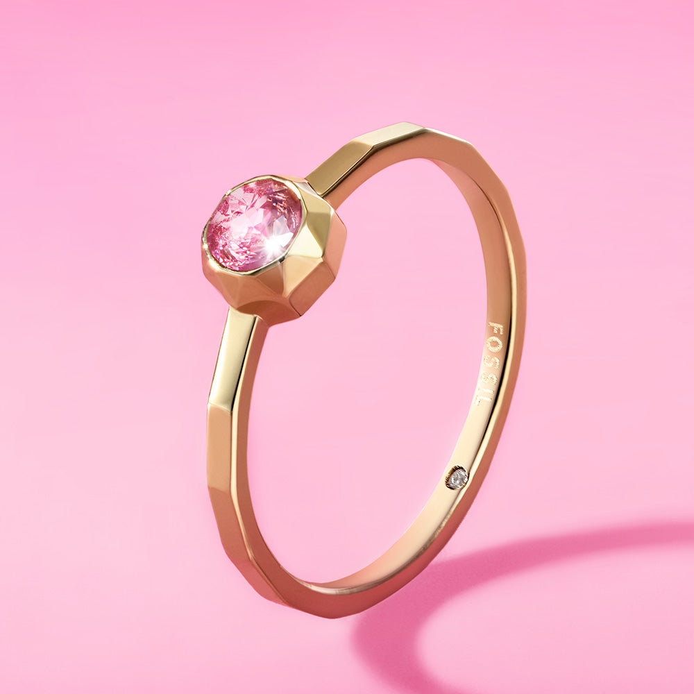 Fossil Special Edition Gold-Plated Stainless-Steel Fashion Pink Crystal Ring for Barbie Lovers