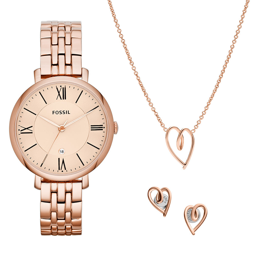 Fossil ES5252SET Jacqueline Fashionable Rose Gold Tone Watch Set with Matching Necklace and Earrings