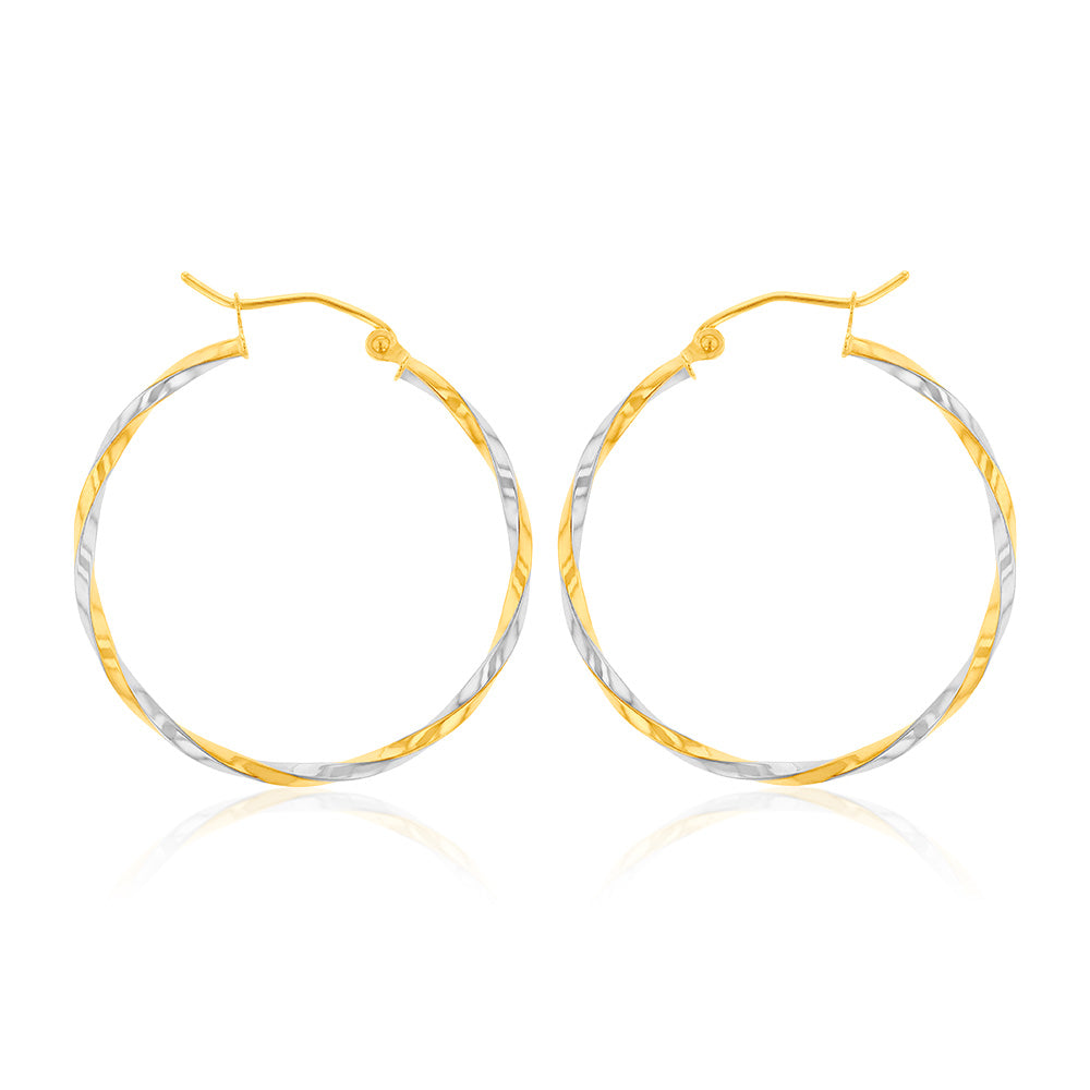 9ct Two - Tone Gold High - Shine Twisted Hoop Earrings for a Stylish Look