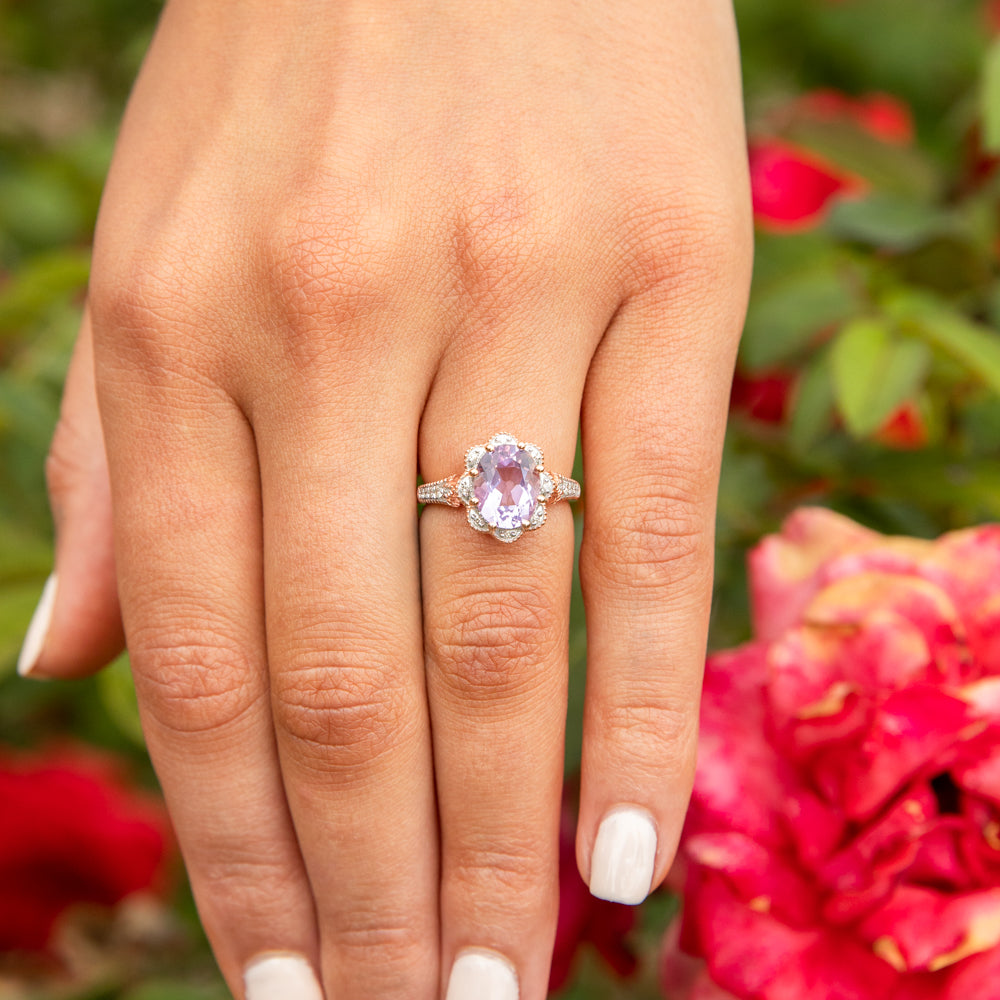 Exquisite 9 Carat Rose Gold Ring Set with 2.40 Carat Rose Amethyst and 1/10 Carat Diamonds