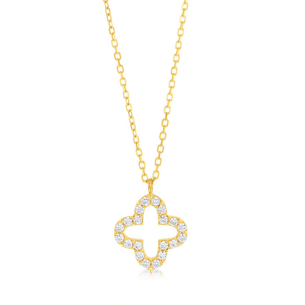 9 Carat Yellow Gold Zirconia Open Flower Design Pendant with a Chain - A Fine Jewelry Piece
