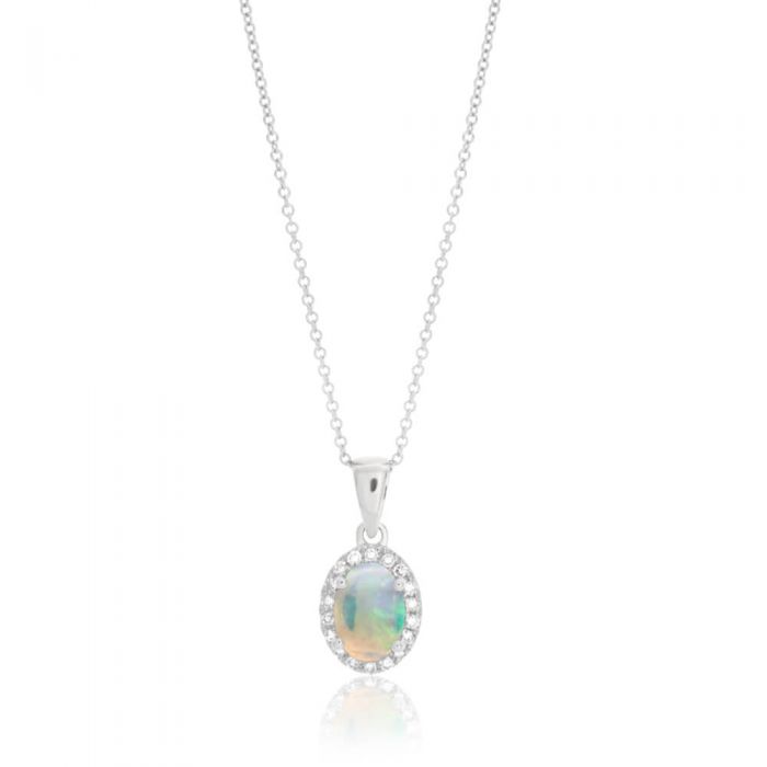 Exquisite 9 Carat White Gold 0.45 Carat Natural White Opal and Diamond Halo Pendant with a 45cm Chain - Ideal Jewelry Piece