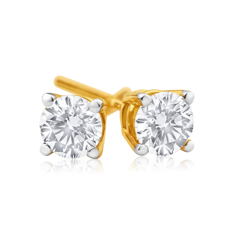 Exquisite 18 Carat Yellow Gold Stud Earrings Embellished with Half - Carat Diamonds