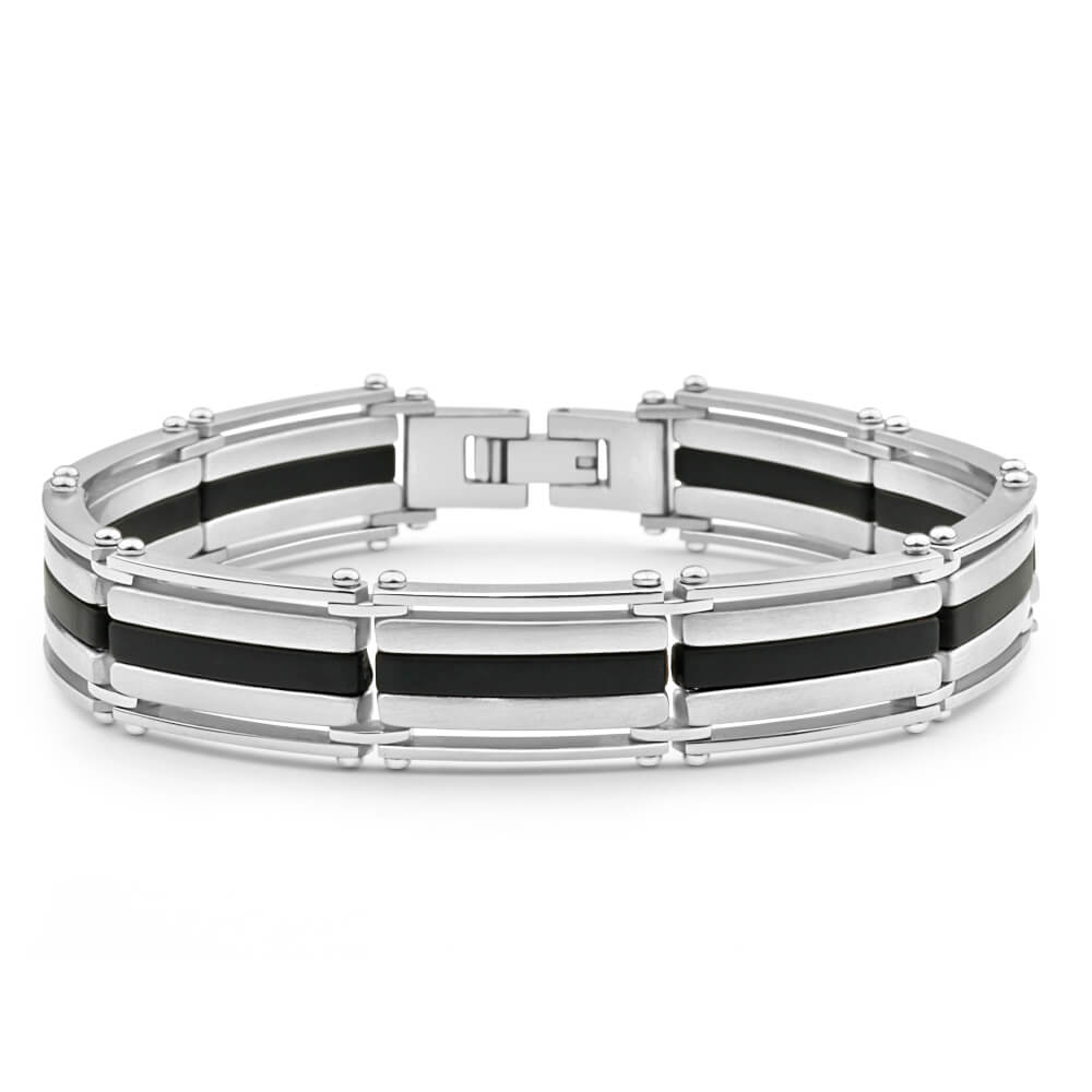 21cm Forte Men's Stainless Steel Bracelet with Bold Black Rubber Stripe