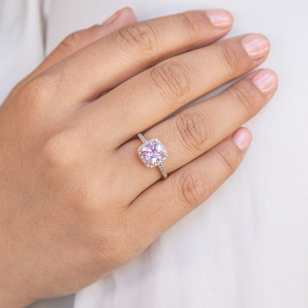 Stunning 9 Carat Rose Gold Ring with Lab-Created Peach Sapphire and Diamond Accents in Cushion Cut Design